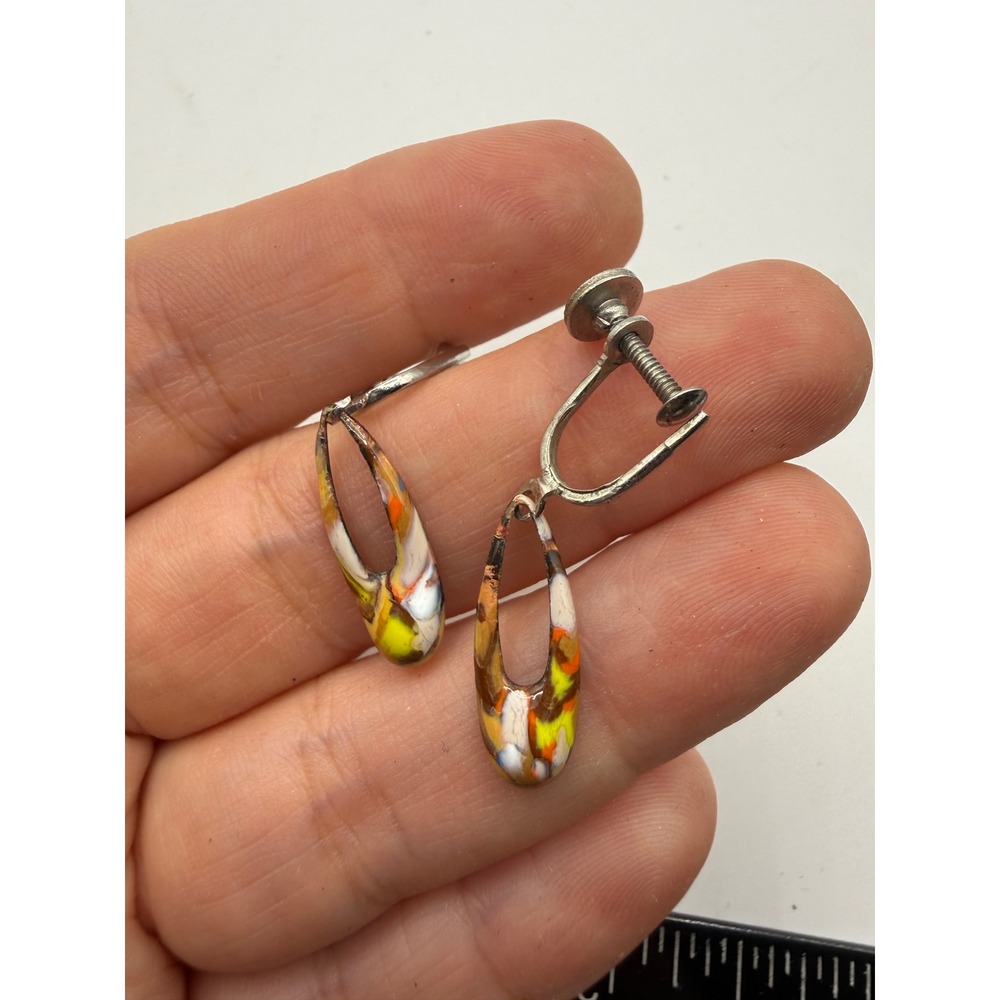 Vintage Enamel Splatter Dangle Earrings Screw Back Multi Color Silver Tone Retro